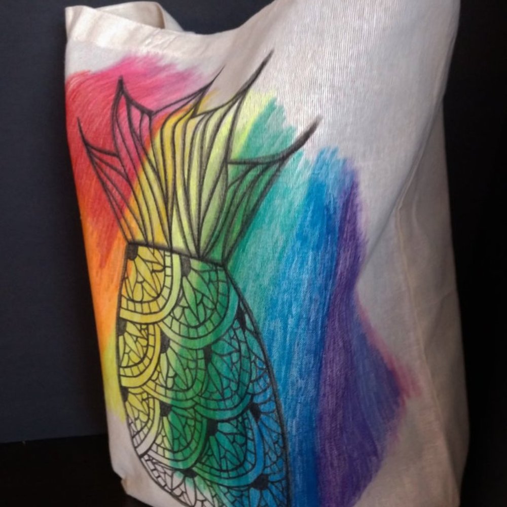 Handmade Reusable Tote Bag With Hand Painted Rainbow Pineapple Artwork 15x16x4 - Picture 3 of 16